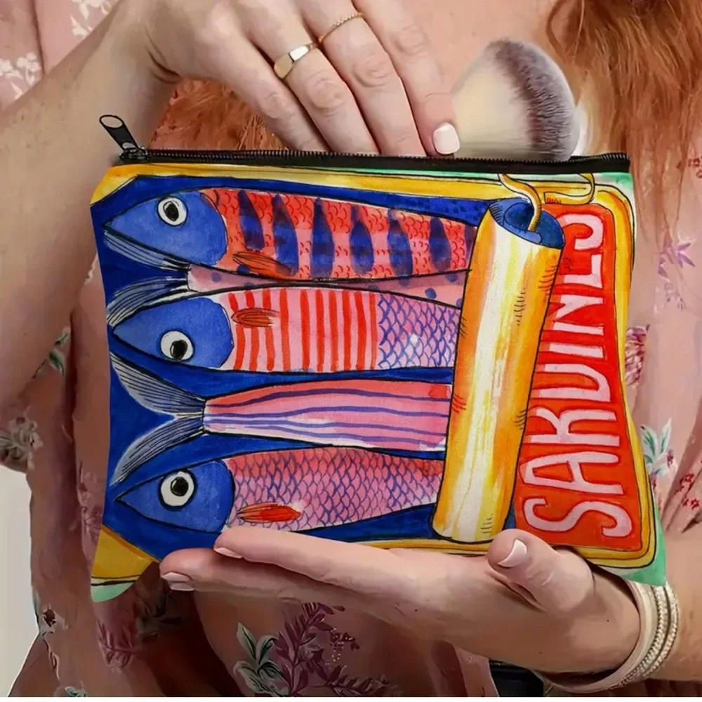 Colorful Sardine Fish Cosmetic Pouch Statement Makeup Bag Coastal Travel Case